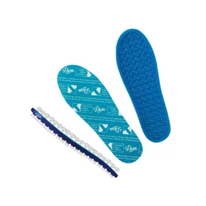 Plantillas de gel Dian para zueco 02/S en color azul: vistas superior, inferior y de perfil.
