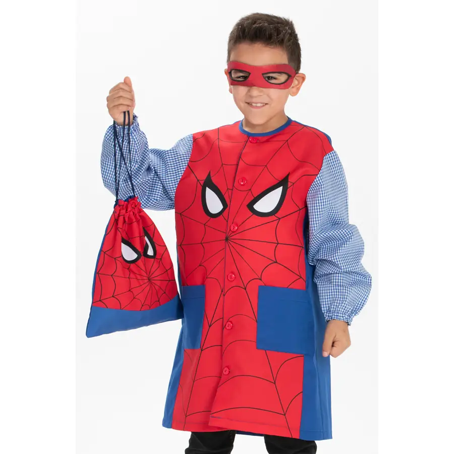 Bata infantil Dyneke 0186041 superhéroe 3 Bata infantil heroe Dyneke 0186041: vista frontal con modelo y bolsa a juego.