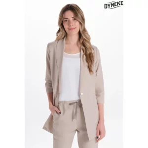 Levita beige mujer manga 3/4 fruncida Dyneke 6000418: vista frontal con modelo.