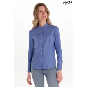 Camisa mujer cuello mao azul Dyneke 6010818: vista frontal con modelo.