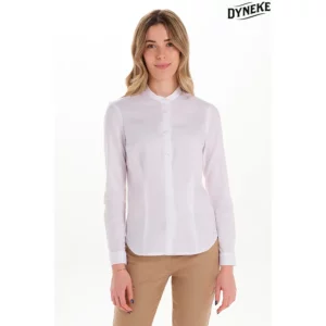 Camisa mujer cuello mao blanca Dyneke 6010823: vista frontal con modelo.