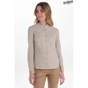 Camisa mujer cuello mao beige Dyneke 6010832: vista frontal con modelo.