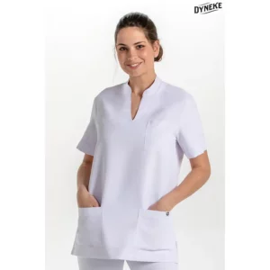 Blusón unisex microfibra blanca Dyneke 8008570: vista frontal con modelo.