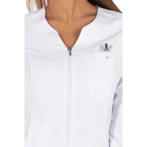 Chaqueta mujer microfibra blanca m/l Dyneke 8009570: detalle del cuello, cremallera y bolsillo de pecho.