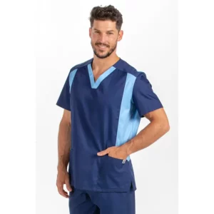 Casaca sanidad hombre microfibra azul Dyneke 8028577: vista frontal con mano en el bolsillo.