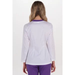 Chaqueta m/l elástica mujer cuello cremallera morado Dyneke 8031896: vista trasera con modelo.