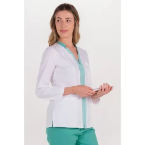 Chaqueta m/l elástica mujer cuello cremallera verde Dyneke 8031906: vista de tres cuartos con modelo.