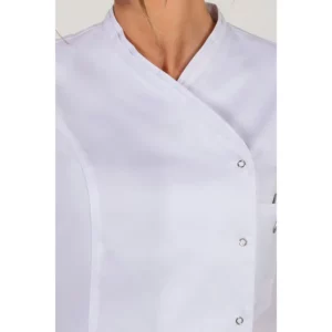 Chaqueta mujer cuello y mangas vivo Dyneke 8043700: detalle del cuello y botones.