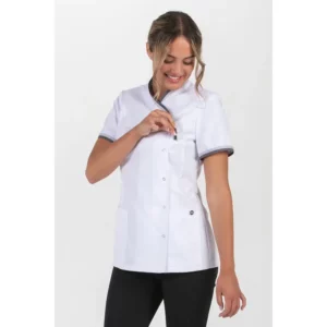 Chaqueta mujer cuello y mangas vivo gris Dyneke 8043802: vista frontal del cierre con modelo.