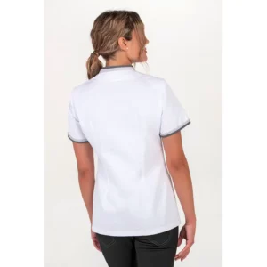 Chaqueta mujer cuello y mangas vivo gris Dyneke 8043802: vista trasera con modelo.