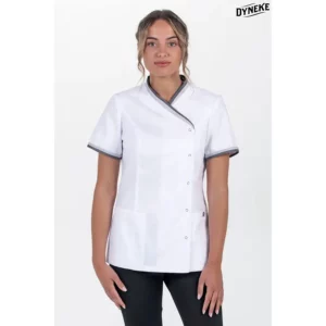 Chaqueta mujer cuello y mangas vivo gris Dyneke 8043802: vista frontal con modelo.