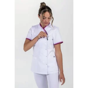 Chaqueta mujer cuello y mangas vivo morado Dyneke 8043892: vista frontal del cierre con modelo.