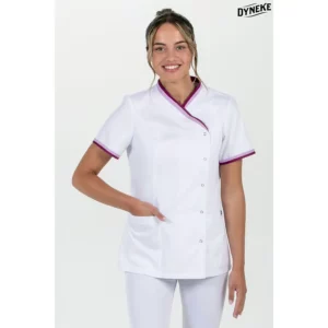 Chaqueta mujer cuello y mangas vivo morado Dyneke 8043892: vista frontal con modelo.