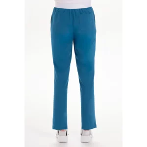 Pantalón elástico verde aguamarina goma vista atrás. Dyneke 8046408: vista trasera del pantalón con modelo.
