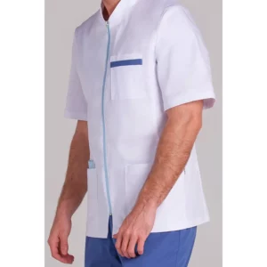 Chaqueta elástica hombre m/c contraste azul Dyneke 8058907: detalle del cuello, manga y bolsillos.