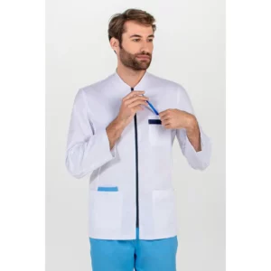 Chaqueta hombre cremallera contraste azul m/l Dyneke 8073794: vista frontal del cuello y cierre con modelo.