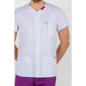 Chaqueta hombre m/c ranglan pespunte lila Dyneke 8088859: detalle del cuello, botones y bolsillo.