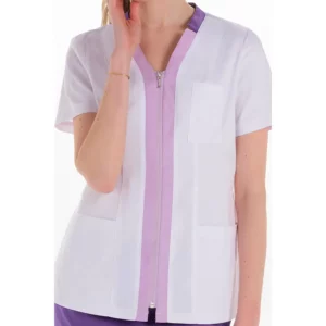 Chaqueta elástica m/c mujer contraste morado Dyneke 8123896: detalle del cuello y cremallera.
