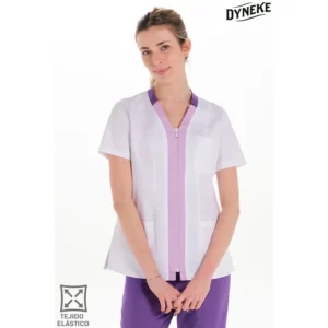 Chaqueta elástica m/c mujer contraste morado Dyneke 8123896: vista frontal con modelo.