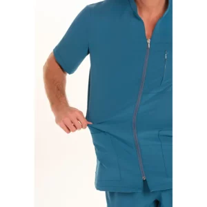 Chaqueta hombre m/c verde petróleo elástica Dyneke 8125408: detalle de la manga y bolsillos.