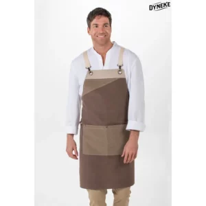 Delantal peto loneta marrón tricolor Dyneke 8128381: vista frontal con modelo.