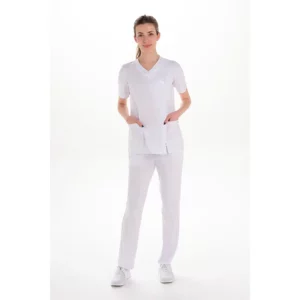 Chaqueta m/c microfibra elástica blanca raso Dyneke 8133284: vista de cuerpo entero con modelo.