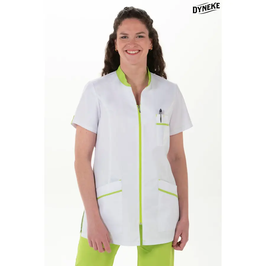 Casaca Dyneke 8153887 mujer blanca pistacho cuello mao 1 Chaqueta m/corta cuello mao pistacho pespuntes Dyneke 8153887: vista frontal con modelo.