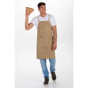 Delantal peto unisex beige bolsillos Dyneke 8164459: vista de cuerpo entero con modelo.