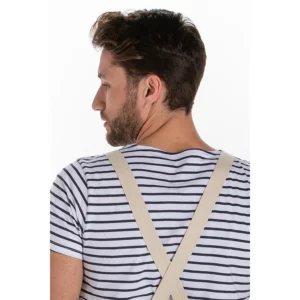 Delantal peto unisex bolsillos verde militar Dyneke 8164469: detalle de los tirantes cruzados en la espalda.