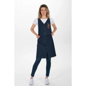 Delantal chaleco tejano azul Dyneke 8168447: vista de cuerpo entero con modelo.