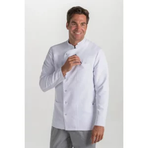 Chaqueta cruzada chico microfibra blanca m/l Dyneke 8175570: vista frontal del cuello y cierre con modelo.