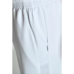 Pantalón unisex rejilla lateral blanco Dyneke 8179570: detalle de la cintura, cordón y bolsillo.