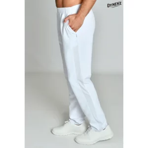 Pantalón unisex rejilla lateral blanco Dyneke 8179570: vista lateral del pantalón con modelo.