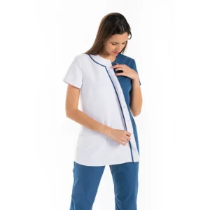 Chaqueta microfibra asimétrica azul Dyneke 8186482: vista frontal del cierre con modelo.