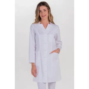 Bata larga mujer botón transparente Dyneke 8194700: vista frontal con modelo.