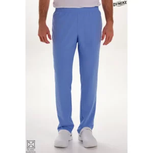 Pantalón s/ bolsillos azul elástico. Dyneke 8201407: vista frontal del pantalón con modelo.