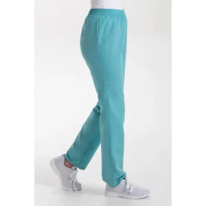 Pantalón s/ bolsillos azul porcelana Dyneke 8201548: vista lateral del pantalón con modelo.