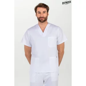 Blusón blanco sanidad Dyneke 8204700: vista frontal con modelo.