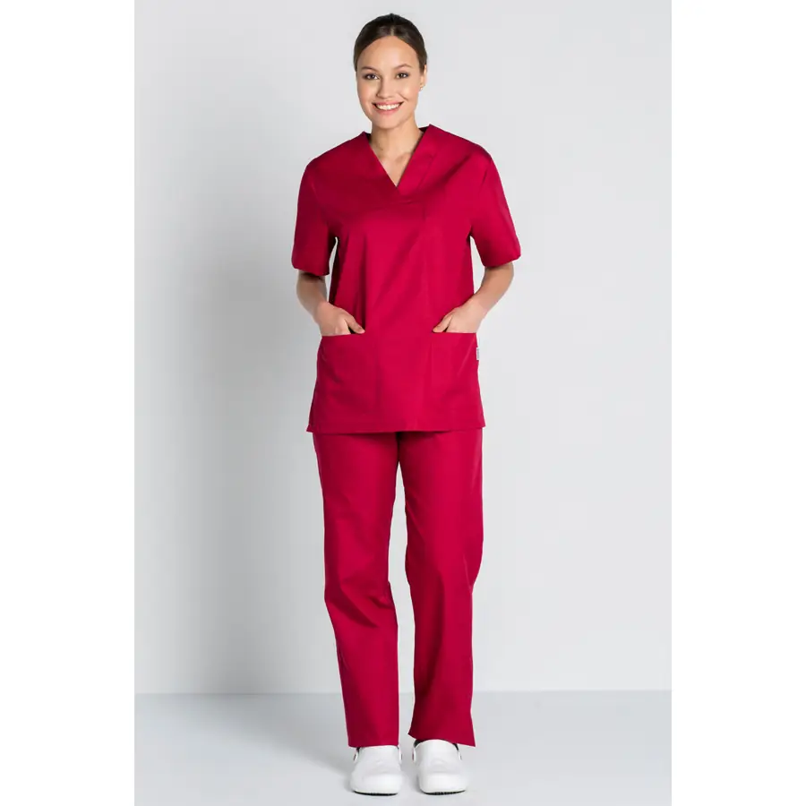 Blusón Dyneke 8204795 unisex burdeos cuello pico 2 Blusón sanidad burdeos Dyneke 8204795: vista de cuerpo entero con modelo.
