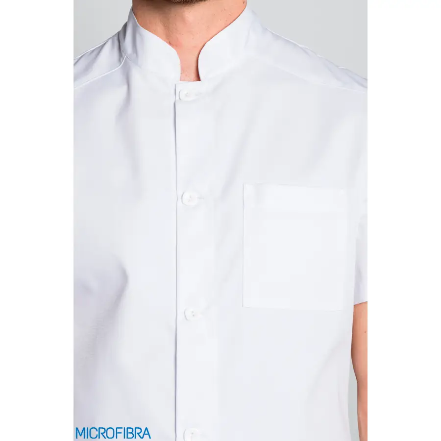 Chaqueta Dyneke 8207570 blanca de hombre con botones 3 Chaqueta microfibra cbro. m/c botones Dyneke 8207570: detalle del cuello y cierre delantero.