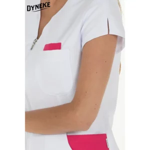 Chaqueta mujer microfibra contraste fucsia m/l Dyneke 8009572: detalle de la manga corta y bolsillo de pecho.