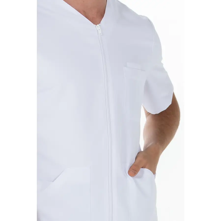 Chaqueta Dyneke 8210570 hombre microfibra blanca corta 2 Chaqueta hombre microfibra blanca m/c Dyneke 8210570: detalle del cuello y bolsillos.