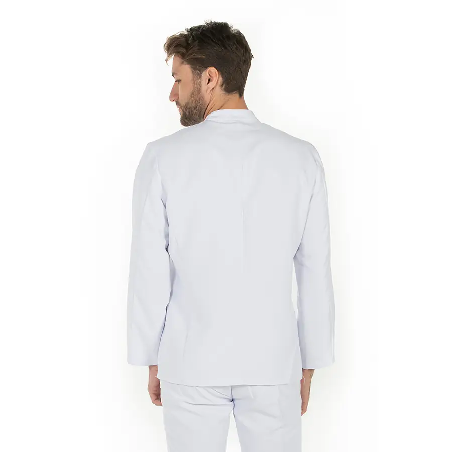 Chaqueta Dyneke 8213570 blanca hombre con corchetes 2 Chaqueta hombre microfibra corchetes m/l Dyneke 8213570: vista trasera con modelo.