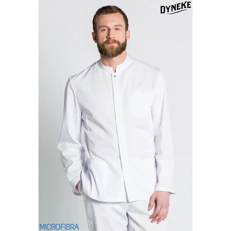 Chaqueta Dyneke 8213570 blanca hombre con corchetes 1 Chaqueta hombre microfibra corchetes m/l Dyneke 8213570: vista frontal con modelo.