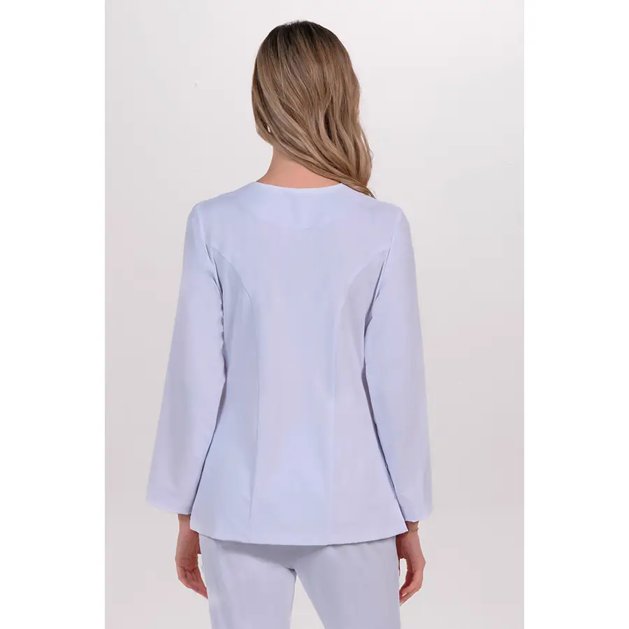 Chaqueta Dyneke 8216412 mujer blanca elástica 2 Chaqueta mujer poliéster elástico blanco m/l Dyneke 8216412: vista trasera con modelo.