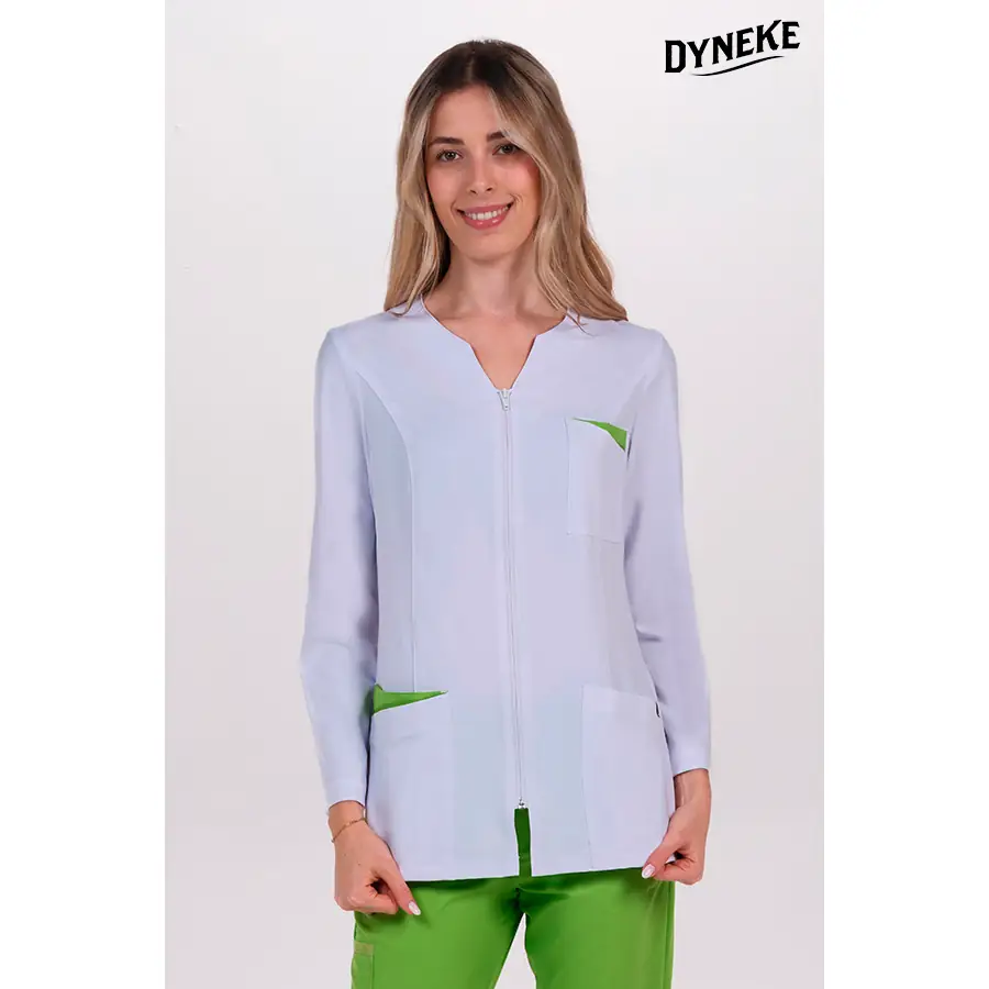 Chaqueta Dyneke 8216573 mujer contraste verde pistacho 1 Chaqueta mujer poliéster elástico contraste pistacho m/l Dyneke 8216573: vista frontal con modelo.