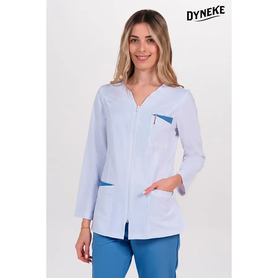 Chaqueta Dyneke 8216574 mujer contraste azul celeste 1 Chaqueta mujer poliéster elástico contraste azul m/l Dyneke 8216574: vista frontal con modelo.