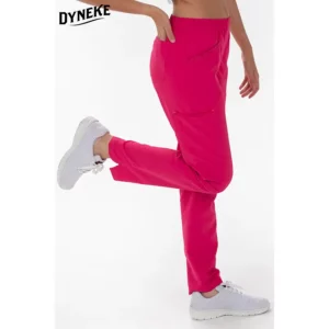 Pantalón unisex microfibra textura fucsia Dyneke 8220572: vista lateral del pantalón con una pierna flexionada.