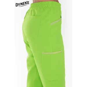 Pantalón unisex microfibra textura pistacho Dyneke 8220573: detalle de la cintura y bolsillo lateral.