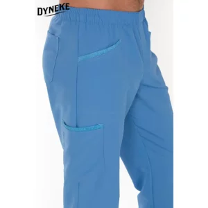 Pantalón sanidad microfibra textura celeste Dyneke 8220574: detalle de los bolsillos laterales.